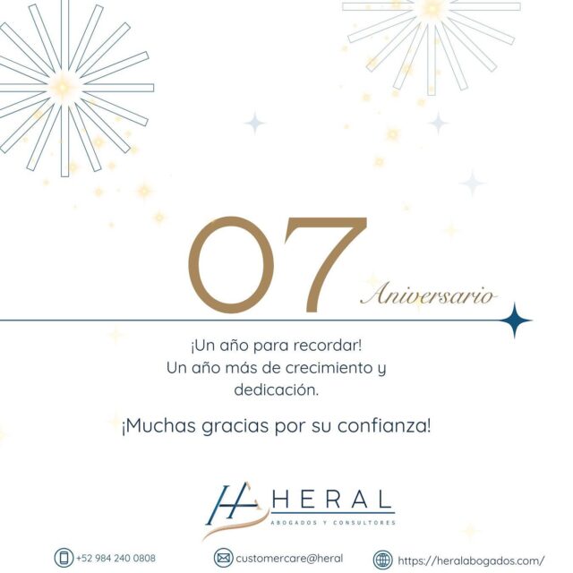 ¡Hoy es un día muy especial para nosotros! HERAL Abogados y Consultores cumple 7 años al servicio de nuestros clientes.
Gracias por acompañarnos en este camino, por su confianza y por permitirnos crecer junto a ustedes.
Nos motiva seguir avanzando con la misma entrega y profesionalismo que nos ha caracterizado desde el primer día.